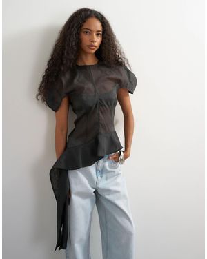 TOPSHOP Puff Sleeve Organza Ruffle Detail Top - Black