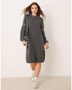 Vila Knitted Jumper Mini Dress With Contrast Stitch - Grey