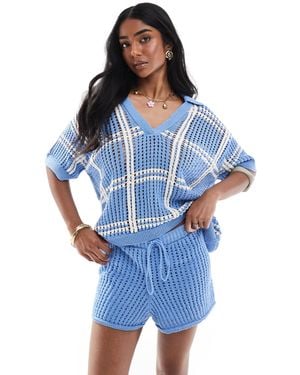Pull&Bear Crochet Knitted Polo Top - Blue