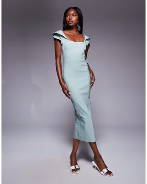 Vesper Bengaline Bardot Drape Sleeve Detail Midaxi Dress - Blue