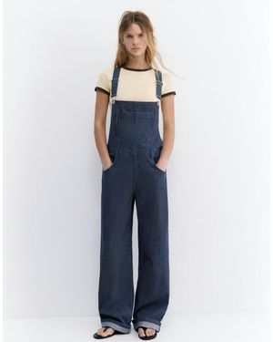 Pull&Bear Long Striped Denim Dungarees - Blue