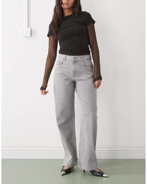 Noisy May Jannel Rhinestone High Rise Loose Fit Jeans - Gray