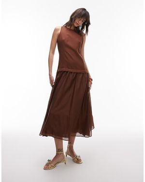 Mango Linen Dropped Waist Maxi Dress With Sheer Hem - Brown