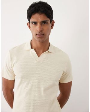Blend Regular Fit Revere Collar Textured Knit Polo - Natural