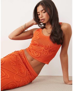 Wanderdoll Eliza Metallic Knit Abstract Detail Scoop Neck Top Co-Ord - Orange