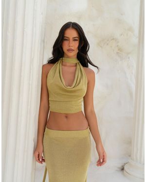 Aria Cove Metallic Knit Plunge Wrap Scarf Detail Top
