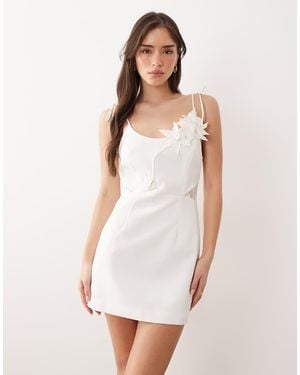 JW PEI Square Neck 3D Floral Applique Detail Tie Shoulder Lace Panel Mini Dress - White