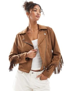 New Look Fringe Suedette Biker Jacket - Brown