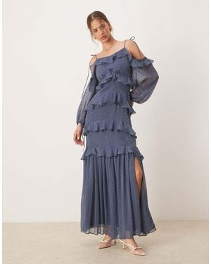 ANAYA Cold Shoulder Ruffle Maxi Dress - Blue