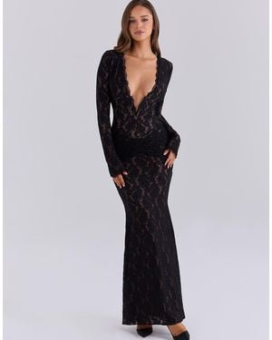 House Of Cb Nylah Maxi Jurk Van Kant Met Lange Mouwen En Diepuitgesneden Hals - Blauw