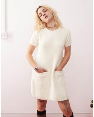 Monki Superzachte Gebreide Mini Jurk Met Korte Mouwen - Naturel