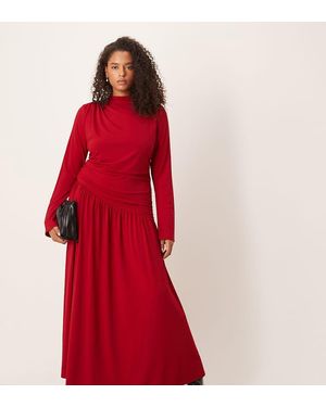 Pretty Lavish Curve Slinky High Neck Asymmetric Drop Waist Draped Maxi Dress - Red
