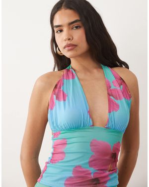 Kaiia Exclusive Slinky Halterneck Plunge Hammock Top Co-Ord - Blue