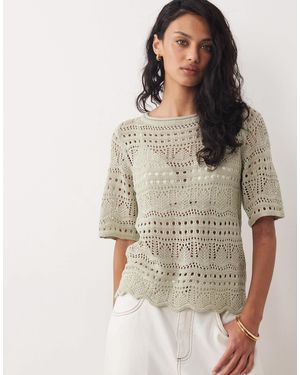 Jdy Top en maille crochetée ajourée à manches mi-longues - sauge - Marron