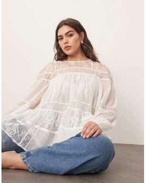 ARRANGE Curve Lace Detail Blouson Sleeve Top With Drawstring Detail - White