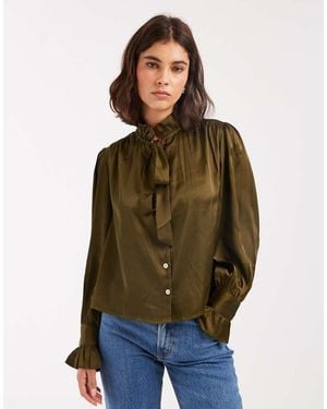 Wednesday's Girl Tie Detail Long Sleeve Floaty Blouse - Green