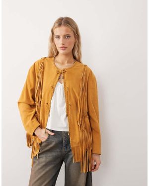 Urbancode Oversized Boho Suede Fringed Jacket - Natural