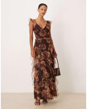 LACE & BEADS Malin Tulle Ruffle Maxi Dress - Brown