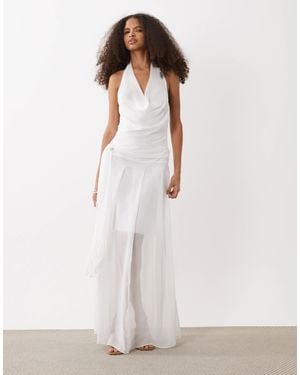 Fashionkilla Exclusive Chiffon Halterneck Cowl Neck Knot Detail Sheer Hem Maxi Dress - White