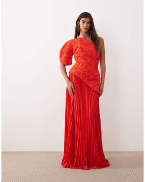 ARRANGE One Shoulder Embroide Hybrid Pleated Maxi Dress - Red