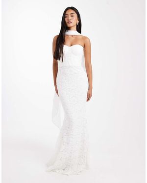 Six Stories Bridal Lace Bandeau Scarf Neck Maxi Dress - White