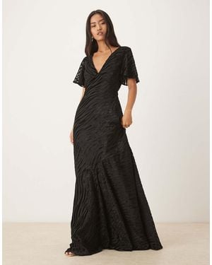 Six Stories Flutter Sleeve V-neck Asymmetric Dropped Hem Maxi Dress - Black