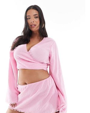 ASOS Asos Design Curve Callie Cheesecloth Frayed Wrap Front Beach Shirt - Pink