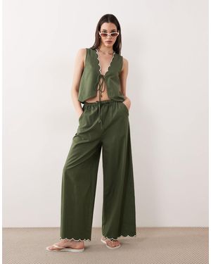 esmé studios Tie Front Beach Pants With Cream Scallop Trim - Green
