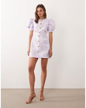Sister Jane Anemone Exclusive Jacquard Puff Sleeve Round Neck Mini Dress - White