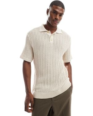 Jack & Jones Premium Crochet Knitted Polo Shirt - Natural
