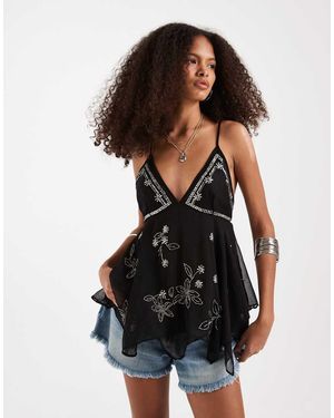 Free People Strappy V Neck Embellished Top - Black