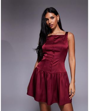 Kaiia Exclusive High Square Neck Button Front Satin Mini Dress - Red