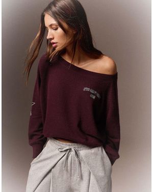 Bershka Graphic Boat Neck Jumper - Brown