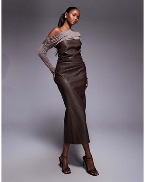 ASOS Fallen Shoulder Pu Bandeau Midi Dress - Brown