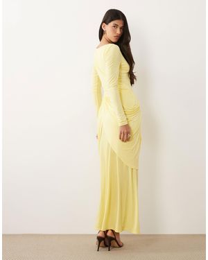 DASKA Boat Neck Long Sleeve Draped Skirt Maxi Dress - Yellow