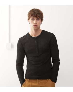 Collusion Long Sleeve Mesh Henley Button Down T-shirt - Black