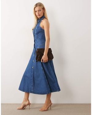 ASOS Denim Pleated Midi Dress With Heart Buttons - Blue