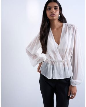 TOPSHOP Chiffon Sheer Panel Long Sleeve Blouse - Grey