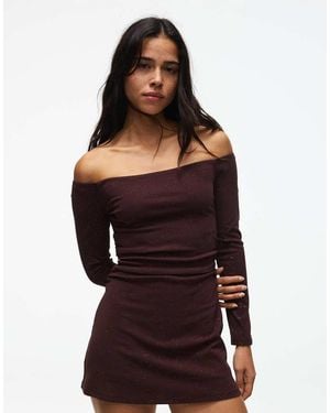 Bershka Shimmery Bardot-neck Mini Dress - Red
