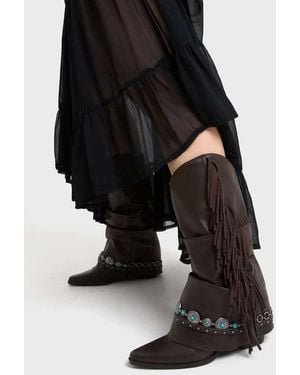 Bershka Fringed Cowboy Heel Boots - Black