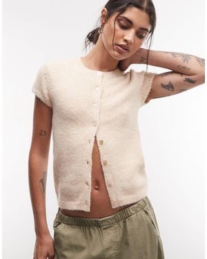 Monki Short Sleeve Knit Cardigan Top - Natural