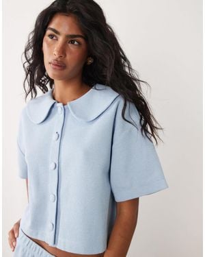 Miss Selfridge Short Sleeve Button Through Top With Peter Pan Collar - Blue