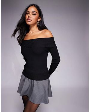 Princess Polly Morley Ribbed Knit Bardot Thumb Hole Top - Black