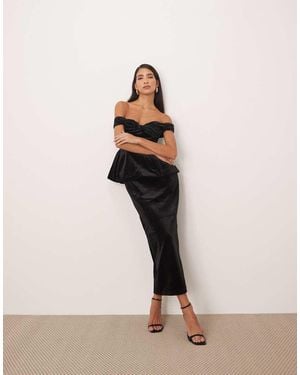 ARRANGE Velvet Off Shoulder Maxi Dress With Ruched Bodice And Column Skirt - Natural