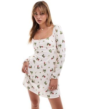 ASOS Robe courte manches longues à petites fleurs avec encolure carrée et dos ouvert - blanc