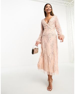 Beauut Bridesmaid Embellished Wrap Front Midi Dress - Natural