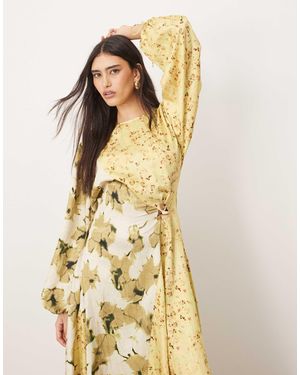 ARRANGE Crinkle Satin Long Sleeve Midi Dress With Trim - Metallic