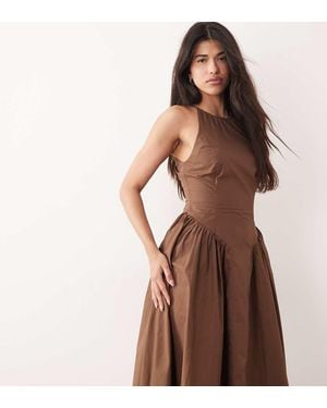 Kaiia Exclusive Cotton Poplin Racerneck Gathered Waist Maxi Dress - Brown