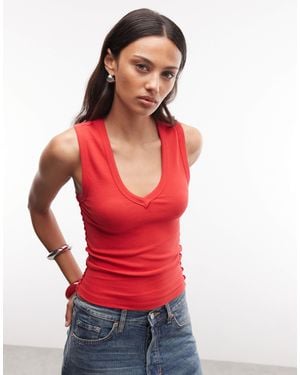 Collusion Low V Neck Exposed Seam Ribbed Vest - Red