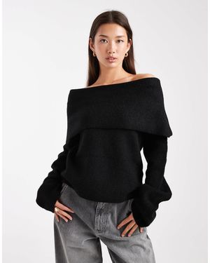 Miss Selfridge Pull côtelé à large rabat et encolure bardot - Noir